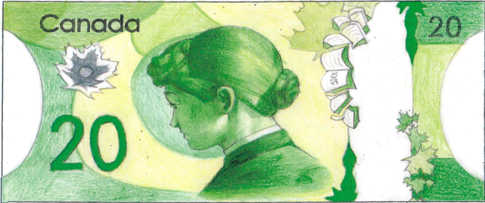 Hand drawn green twenty dollar bill featuring Kate Henderson